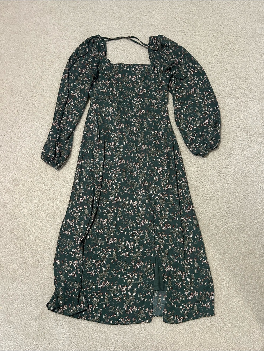 Forest Green Floral Square-Neck Long Sleeve Midi Dress